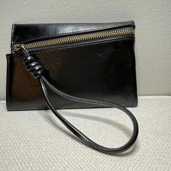 Black Faux Leather Wristlet with Gold Zipper - Picture 1 of 4
